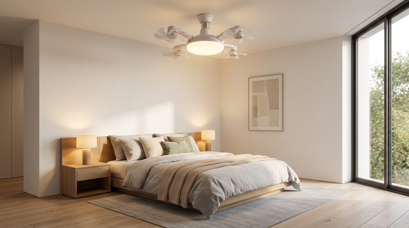 Ventilateur de plafond Luméole installé au plafond d'une chambre, lumière chaude allumée