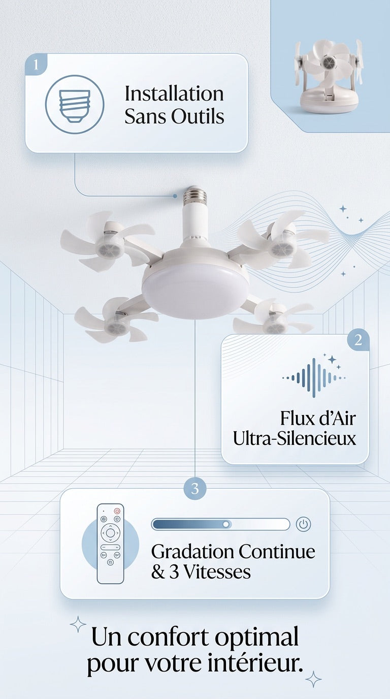 Luméole en un coup d'œil : installation sans outils, flux d'air silencieux, gradation continue et 3 vitesses